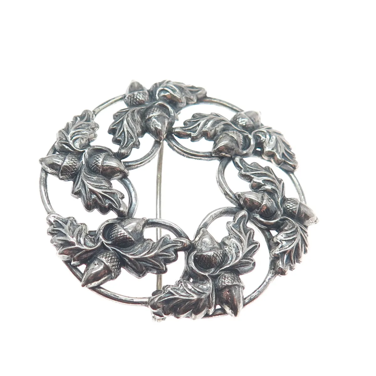 DANECRAFT Sterling Silver Antique Art Deco Acorn Oak Leaf Oxidized Pin Brooch