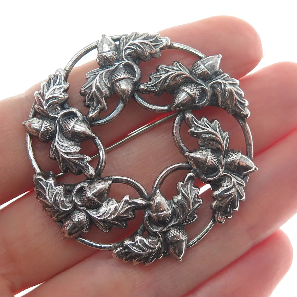 DANECRAFT Sterling Silver Antique Art Deco Acorn Oak Leaf Oxidized Pin Brooch