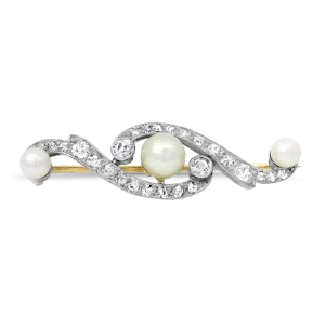 Edwardian and Art Deco 14k Yellow and White Gold Pearl and Diamond Brooch