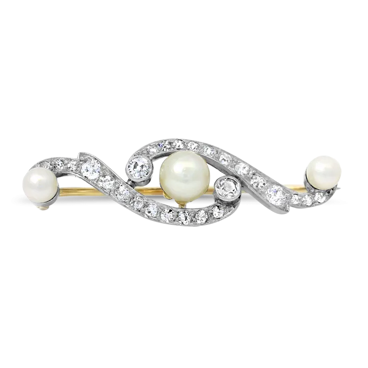 Edwardian and Art Deco 14k Yellow and White Gold Pearl and Diamond Brooch