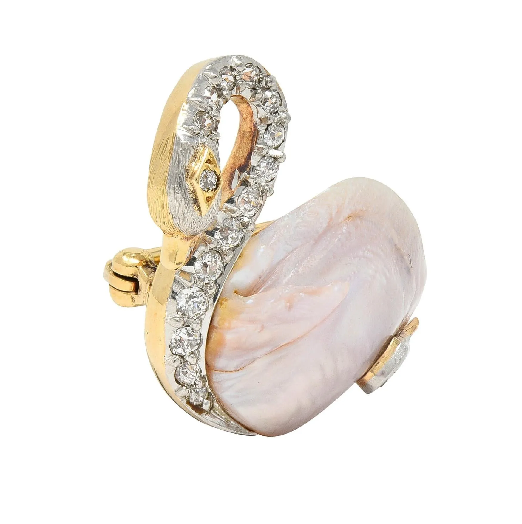 Edwardian Natural Pearl Diamond 14 Karat Gold Platinum Swan Bird Antique Brooch