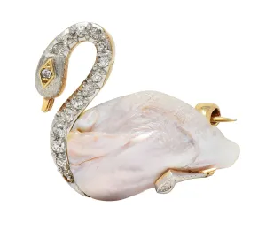 Edwardian Natural Pearl Diamond 14 Karat Gold Platinum Swan Bird Antique Brooch