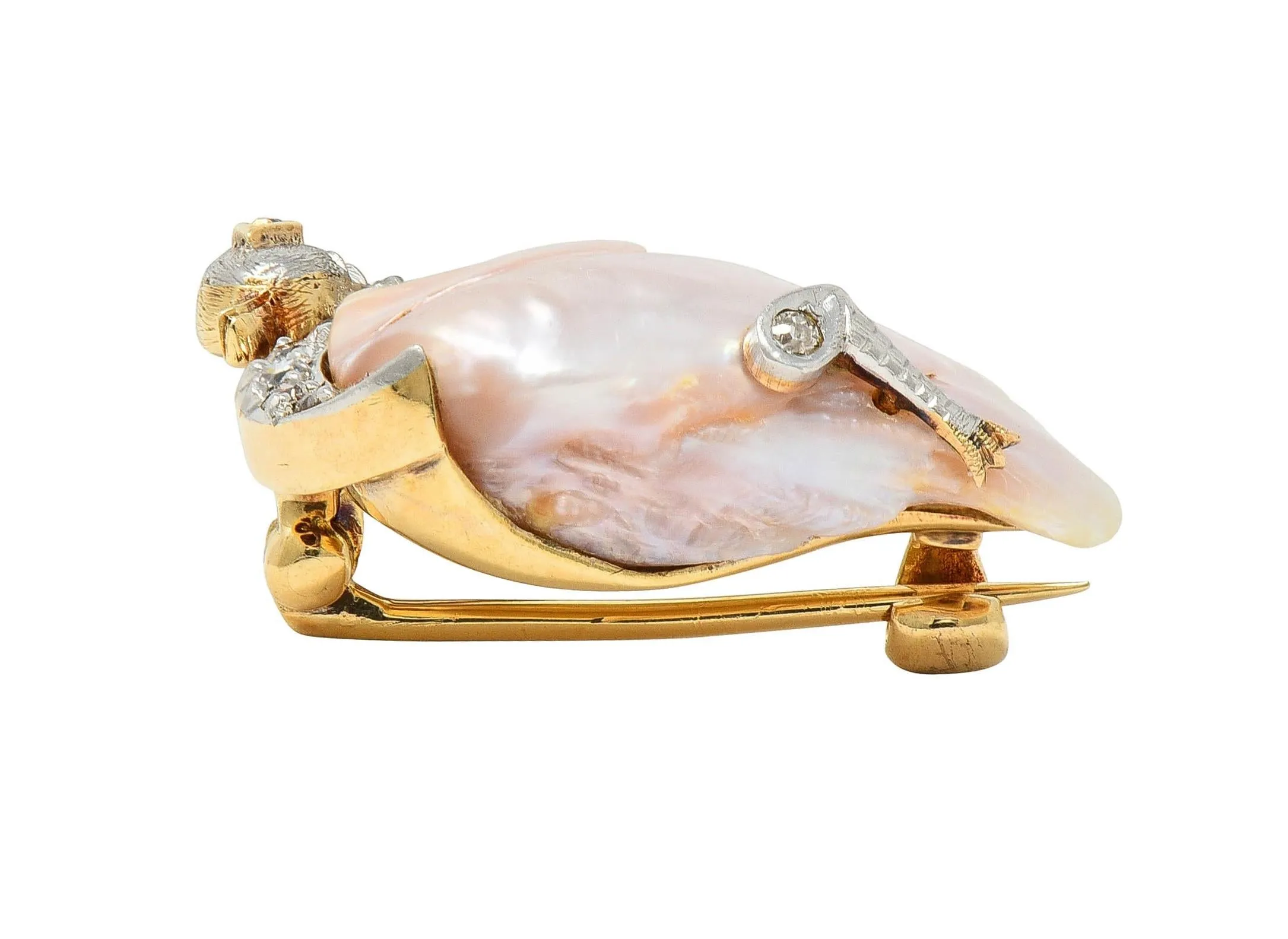 Edwardian Natural Pearl Diamond 14 Karat Gold Platinum Swan Bird Antique Brooch
