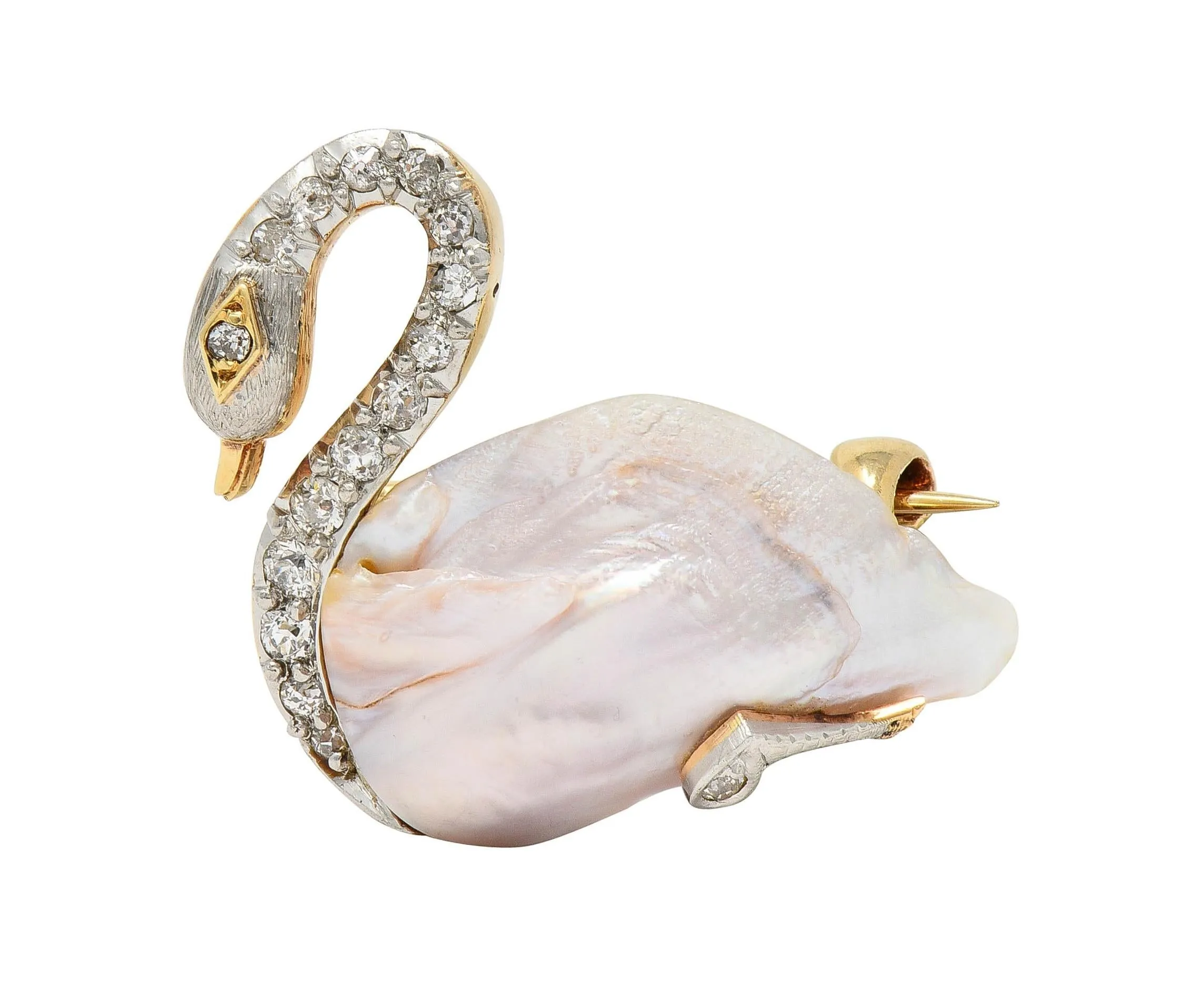 Edwardian Natural Pearl Diamond 14 Karat Gold Platinum Swan Bird Antique Brooch
