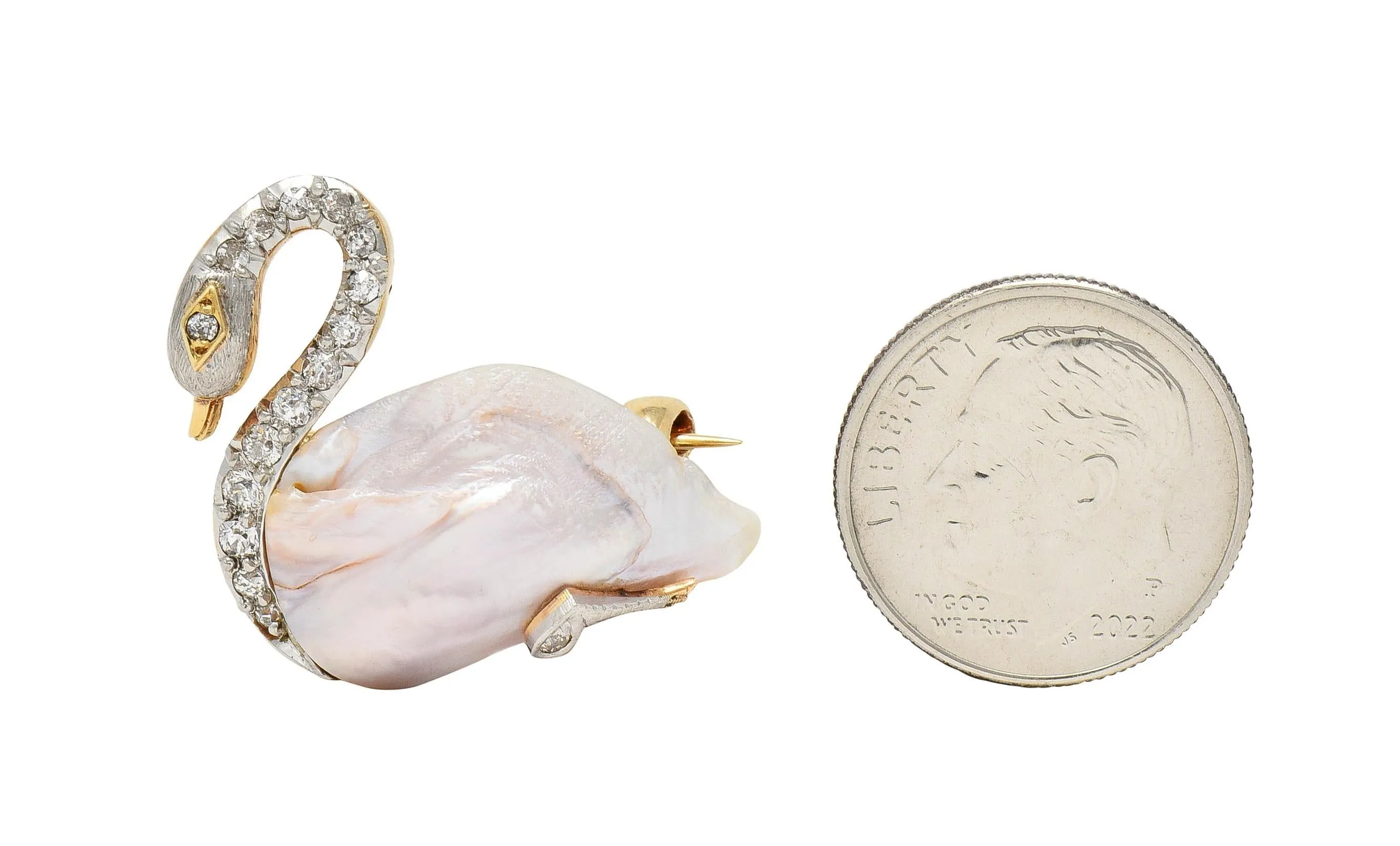 Edwardian Natural Pearl Diamond 14 Karat Gold Platinum Swan Bird Antique Brooch