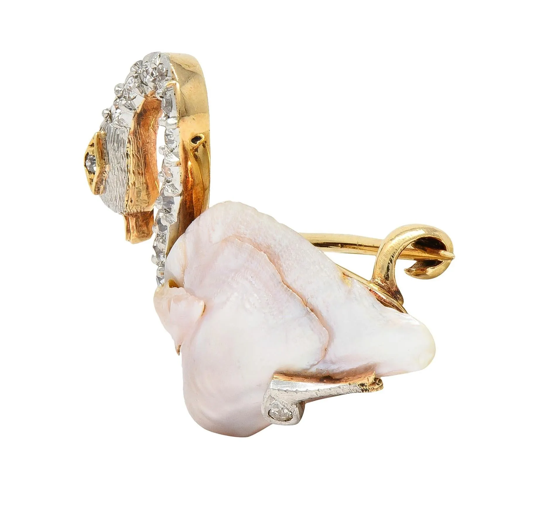 Edwardian Natural Pearl Diamond 14 Karat Gold Platinum Swan Bird Antique Brooch