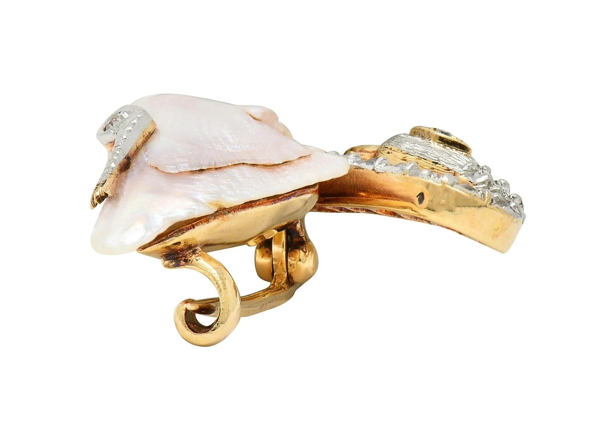 Edwardian Natural Pearl Diamond 14 Karat Gold Platinum Swan Bird Antique Brooch
