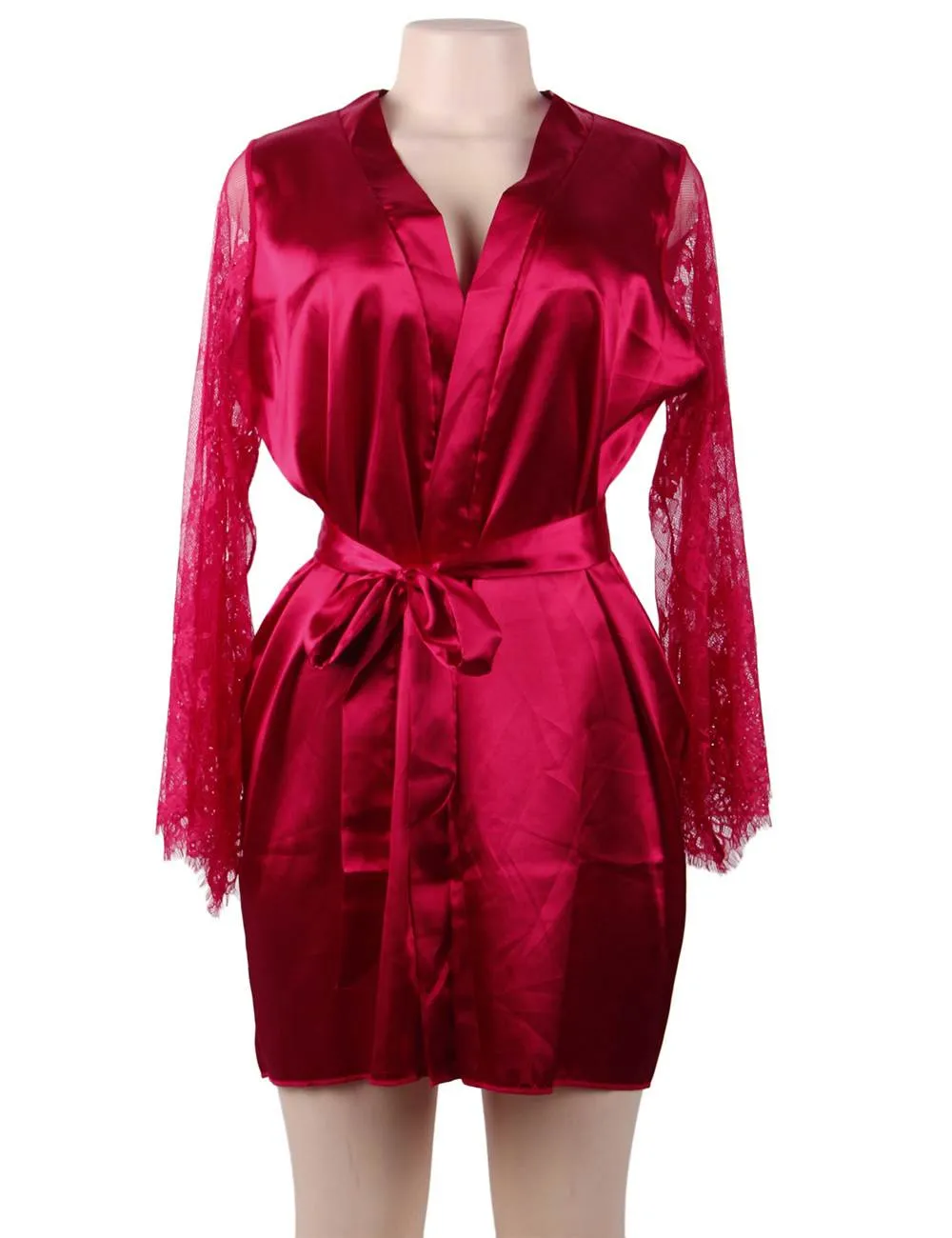 Eyelash Lace Nightdress Egypt Silk Long Sleeves Sleepwear with G String