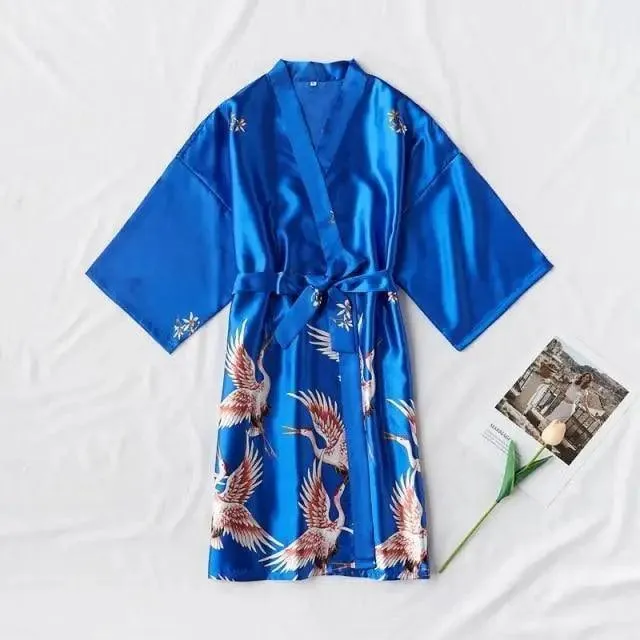 Fashion Blue Floral Bird Print Stylish Bathrobes Modern Comfortable Design Silk Soft Sleepwear For Women