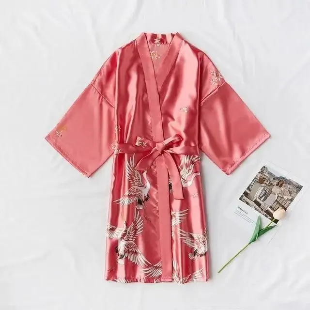 Fashion Blue Floral Bird Print Stylish Bathrobes Modern Comfortable Design Silk Soft Sleepwear For Women