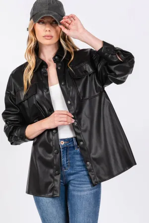 Faux Leather Button Up Sage   Fig Shacket: Black