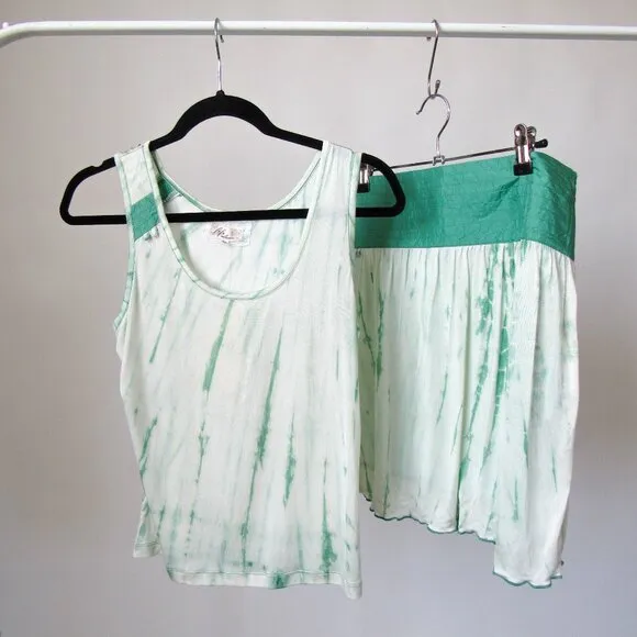 FIFI COLLECTION Two-Piece Silk Mini Skirt Matching Set in Green Tie Dye-Size M