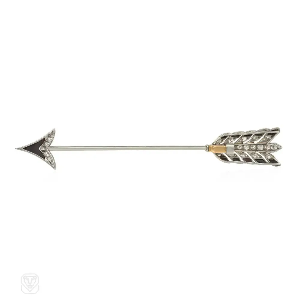 French Art Deco diamond and onyx jabot brooch
