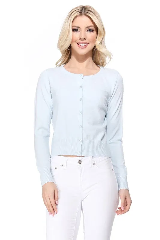 Gem Button Crew Neck Long Sleeve Sweater Cardigan Sizes S-XL