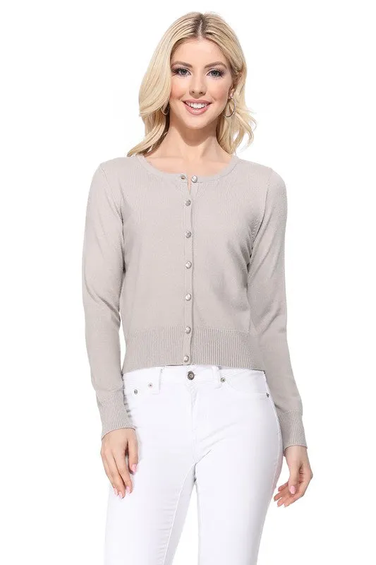Gem Button Crew Neck Long Sleeve Sweater Cardigan Sizes S-XL