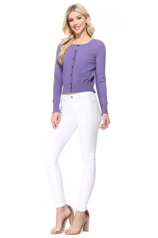 Gem Button Crew Neck Long Sleeve Sweater Cardigan Sizes S-XL