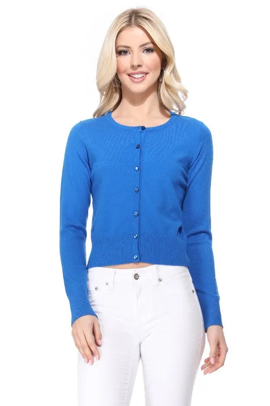 Gem Button Crew Neck Long Sleeve Sweater Cardigan Sizes S-XL