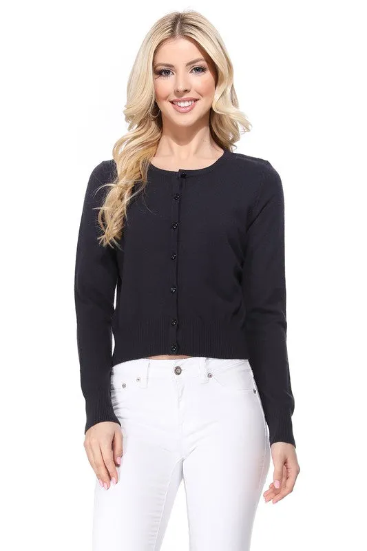 Gem Button Crew Neck Long Sleeve Sweater Cardigan Sizes S-XL