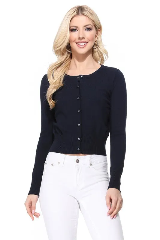 Gem Button Crew Neck Long Sleeve Sweater Cardigan Sizes S-XL