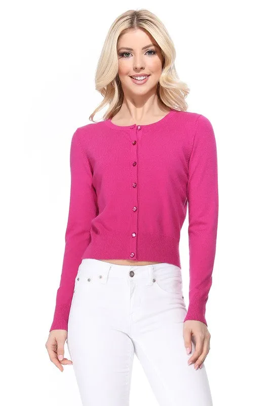 Gem Button Crew Neck Long Sleeve Sweater Cardigan Sizes S-XL