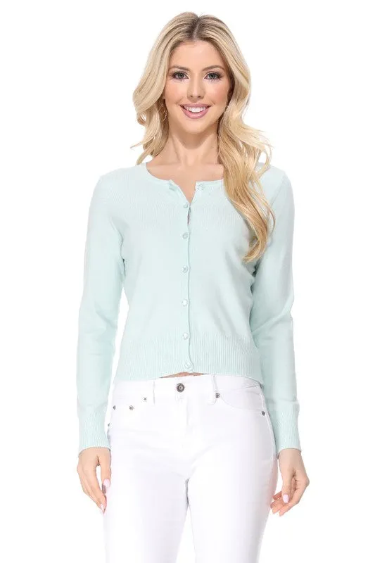 Gem Button Crew Neck Long Sleeve Sweater Cardigan Sizes S-XL