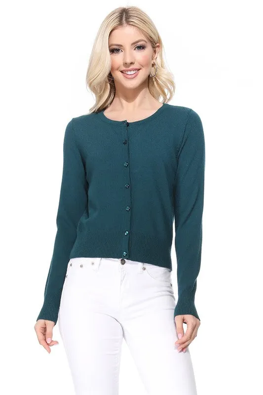 Gem Button Crew Neck Long Sleeve Sweater Cardigan Sizes S-XL
