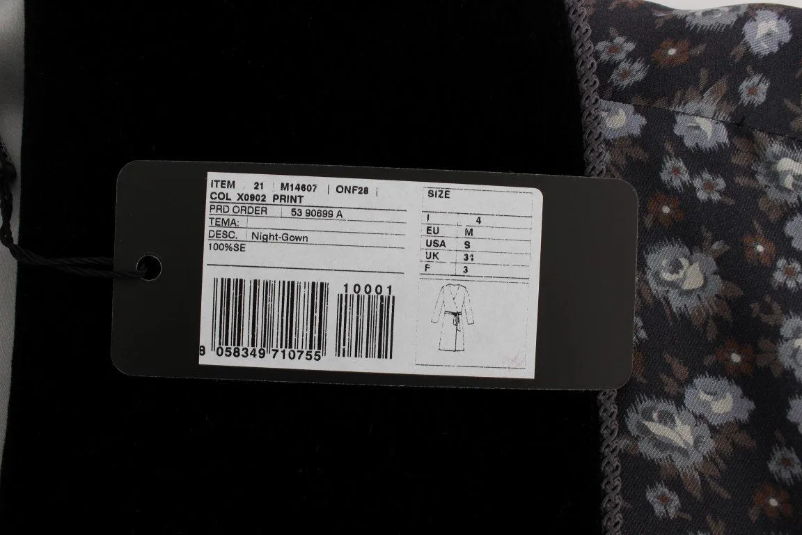 Gray Floral Print Silk Sleepwear Robe