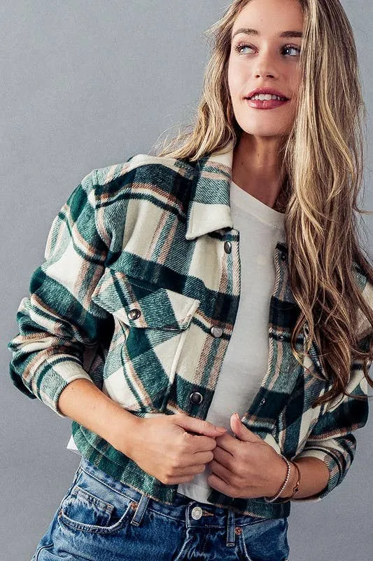 Green Bella Snap Button Plaid Crop Urban Daizy Jacket