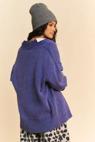 Hazel Blues® |  Davi & Dani Shawl Collar Ribbed Detail Button Up Cardigan