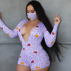 Heartbreaker Plunge Long-Sleeve Printed Romper