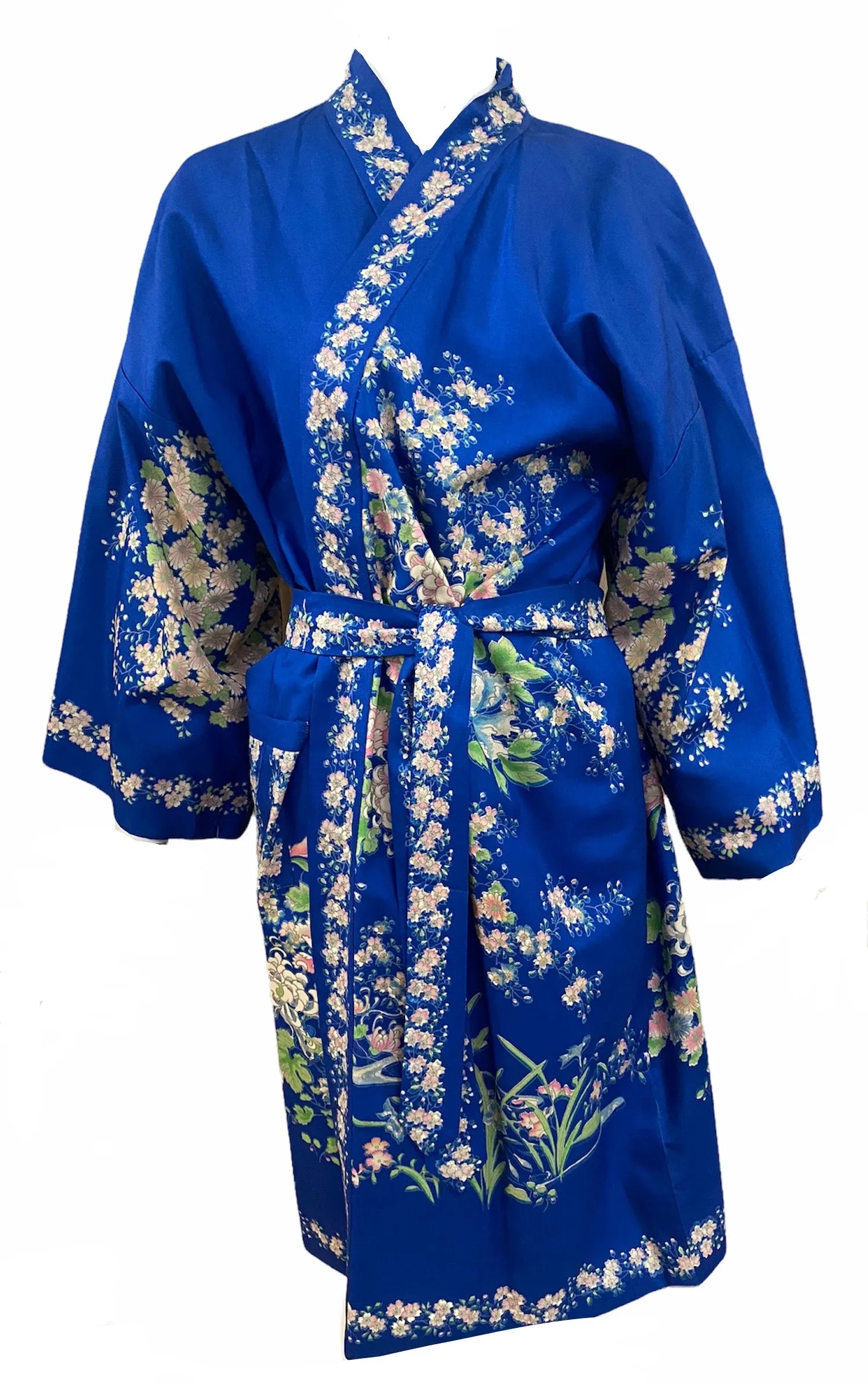 Hiyashi Japanese Vibrant Blue Silk Floral Belted Robe