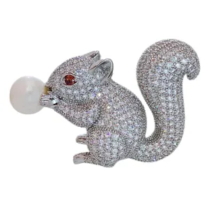 Jewelblings Cute Pearl Nut Brown Eyes  CZ Squirrel Brooches Pins