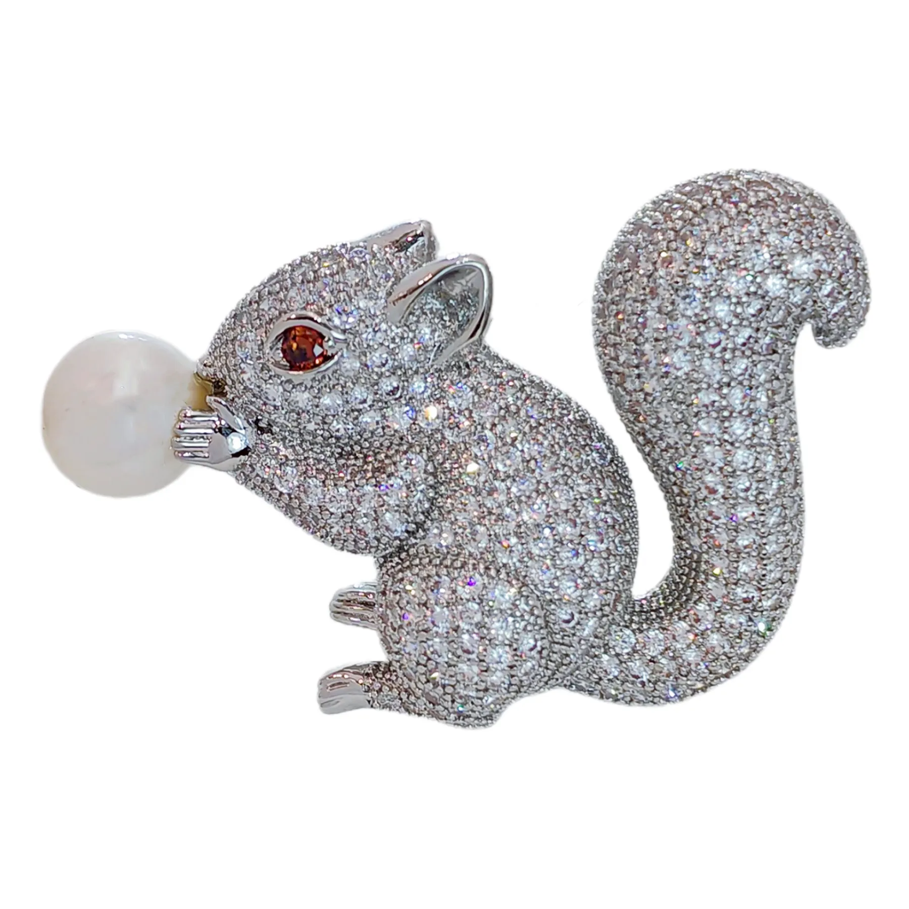 Jewelblings Cute Pearl Nut Brown Eyes  CZ Squirrel Brooches Pins
