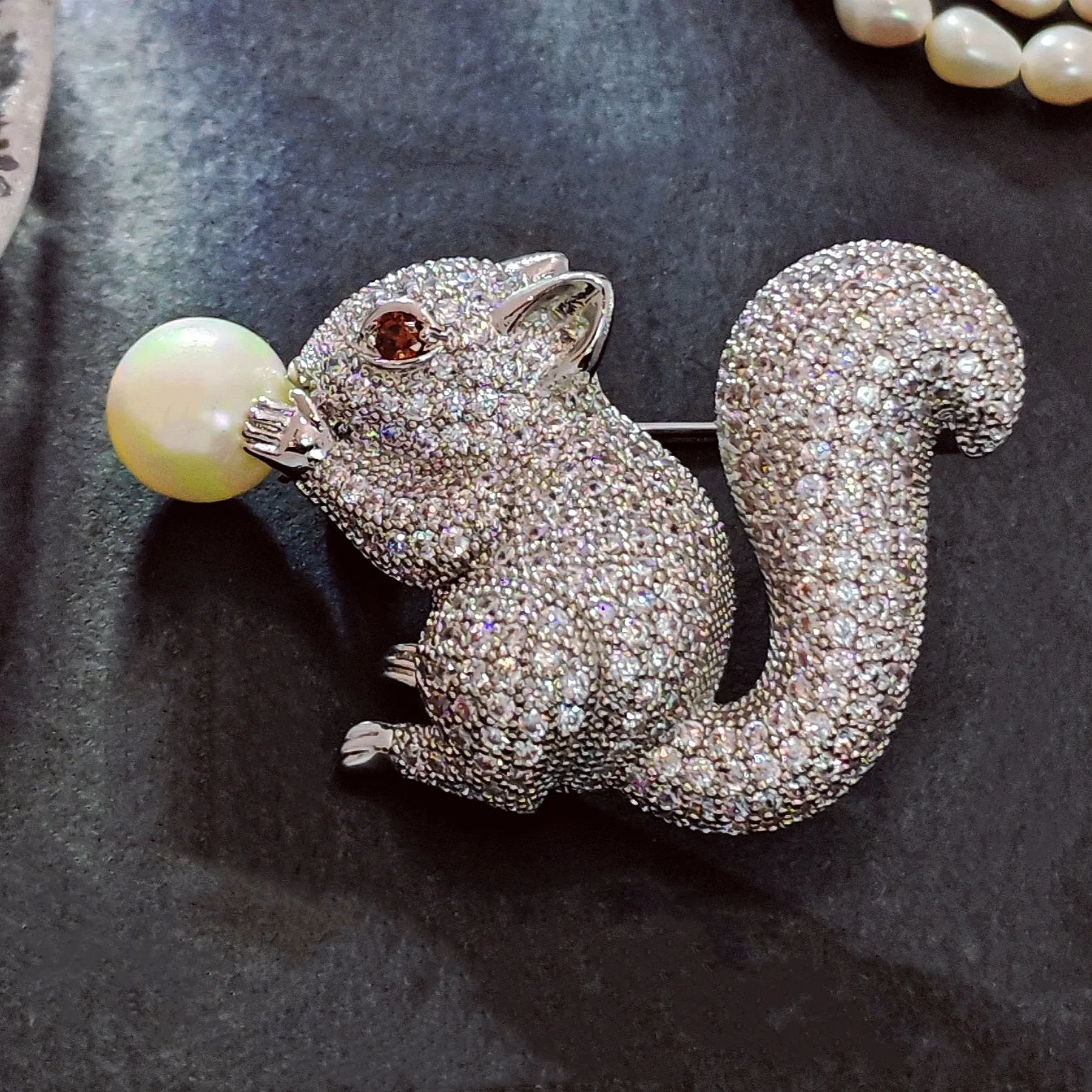 Jewelblings Cute Pearl Nut Brown Eyes  CZ Squirrel Brooches Pins