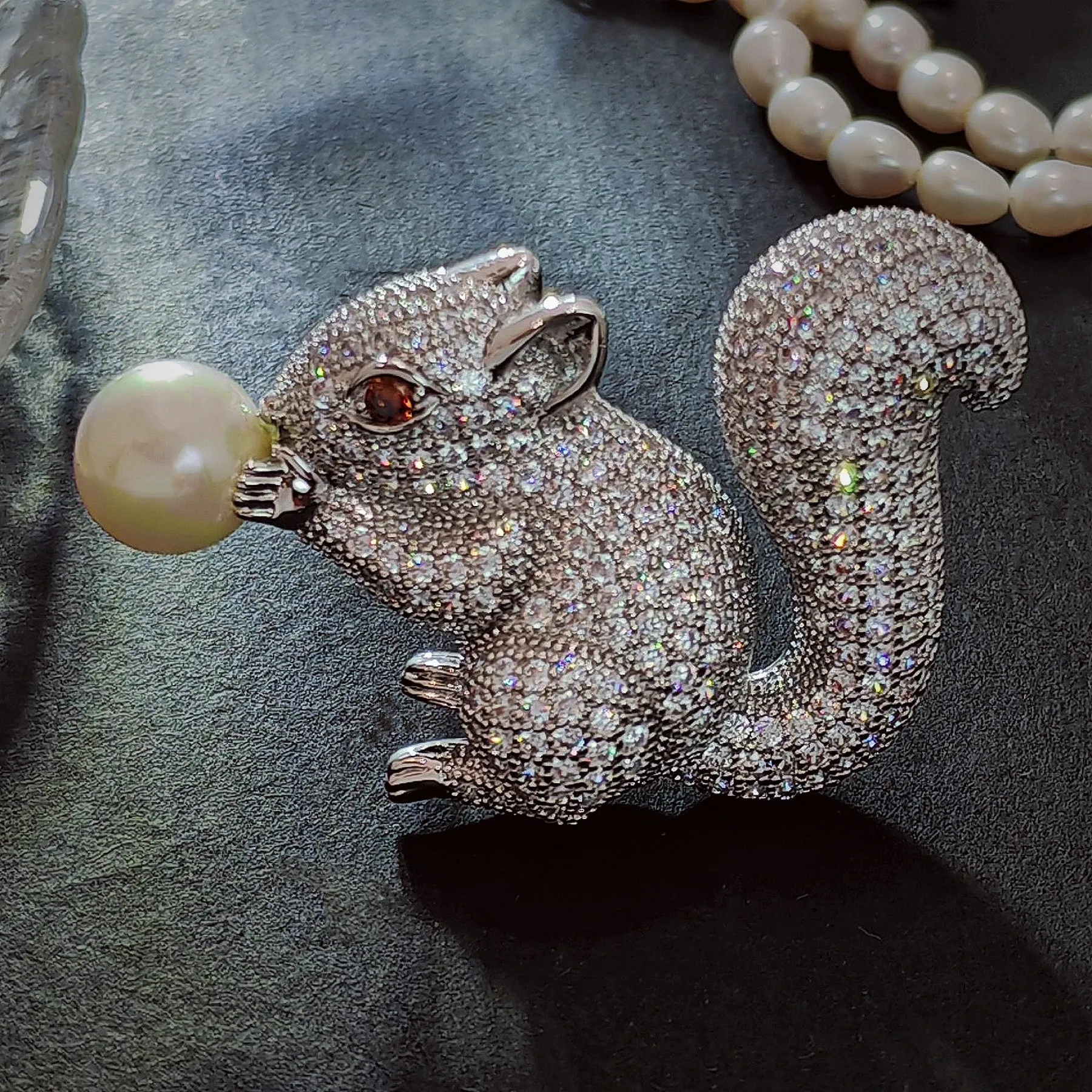 Jewelblings Cute Pearl Nut Brown Eyes  CZ Squirrel Brooches Pins