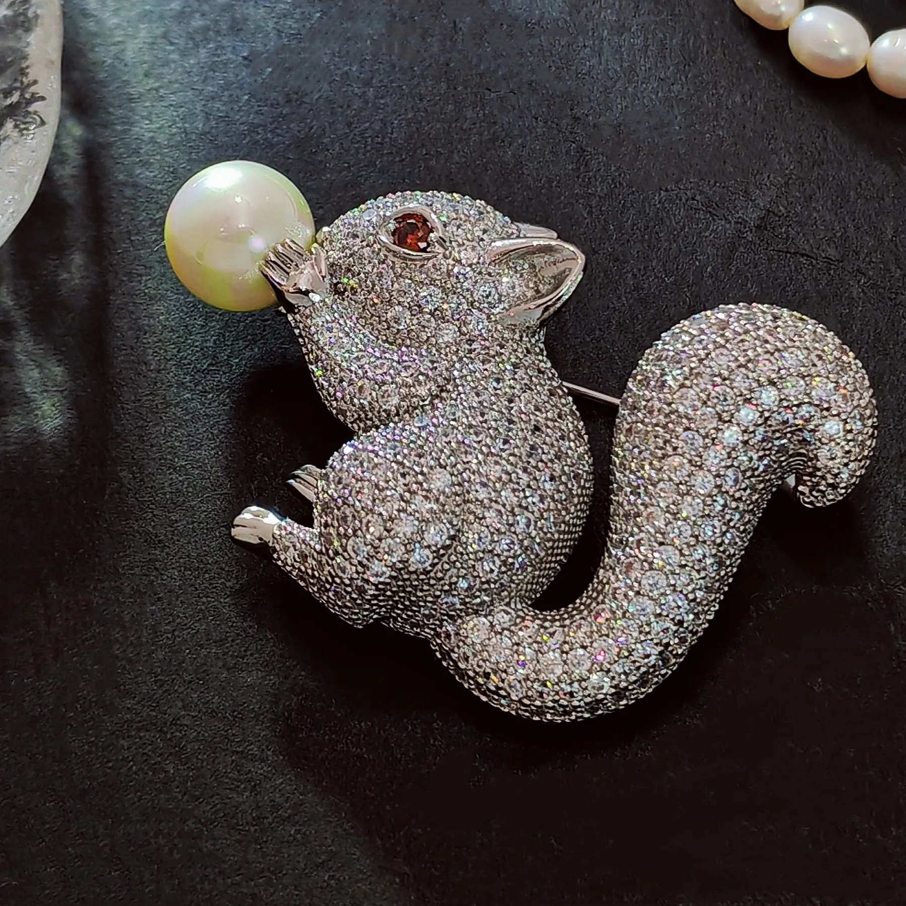 Jewelblings Cute Pearl Nut Brown Eyes  CZ Squirrel Brooches Pins