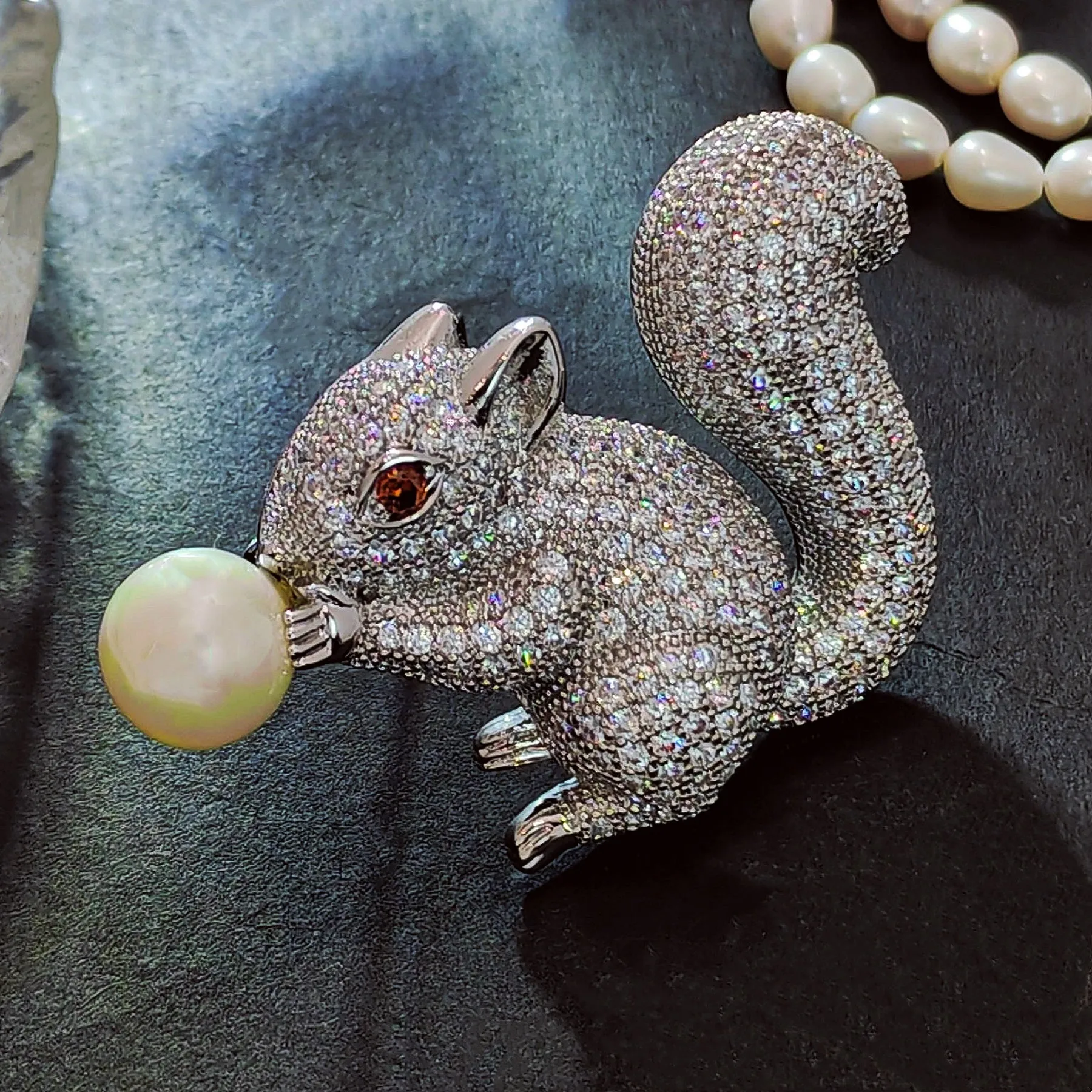 Jewelblings Cute Pearl Nut Brown Eyes  CZ Squirrel Brooches Pins
