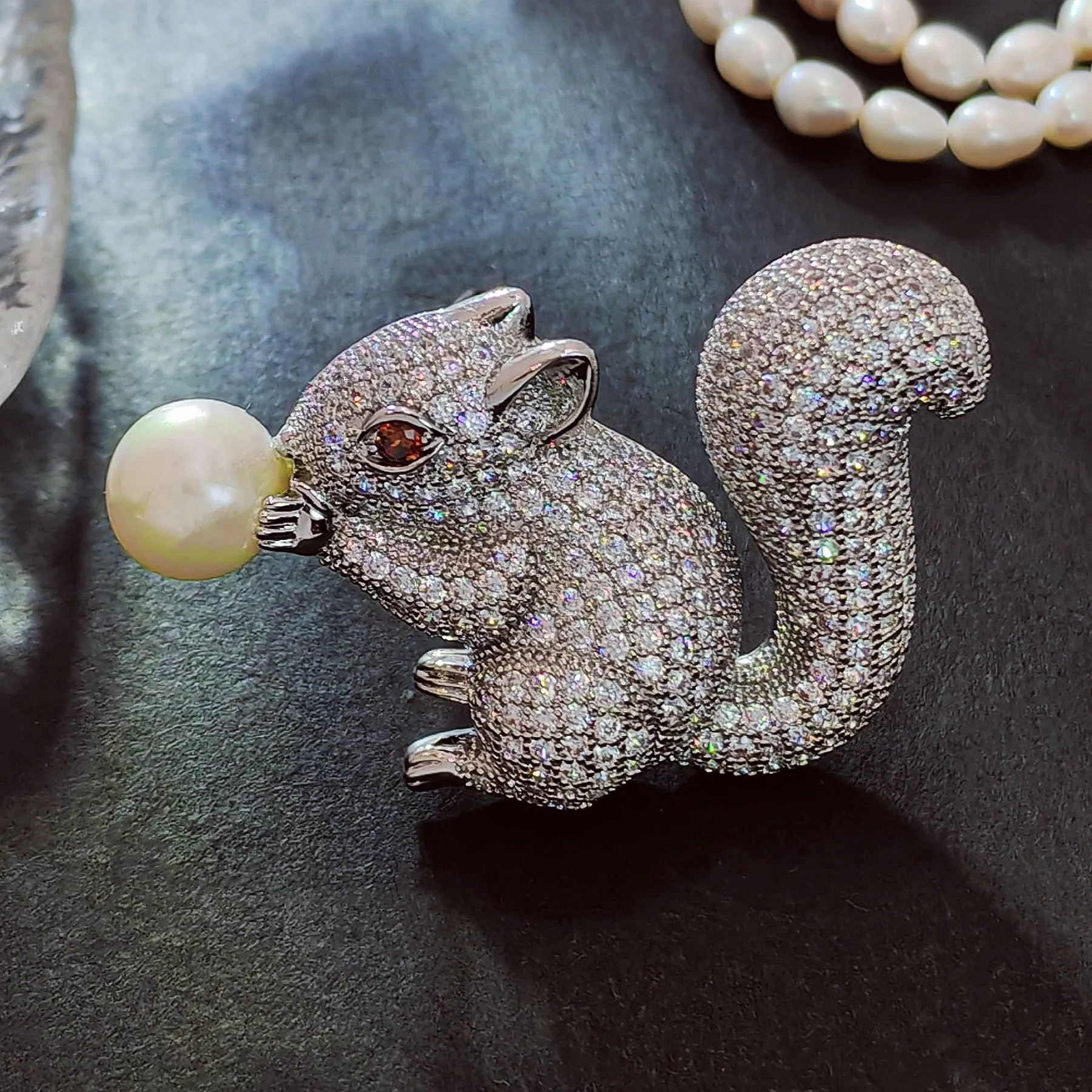 Jewelblings Cute Pearl Nut Brown Eyes  CZ Squirrel Brooches Pins
