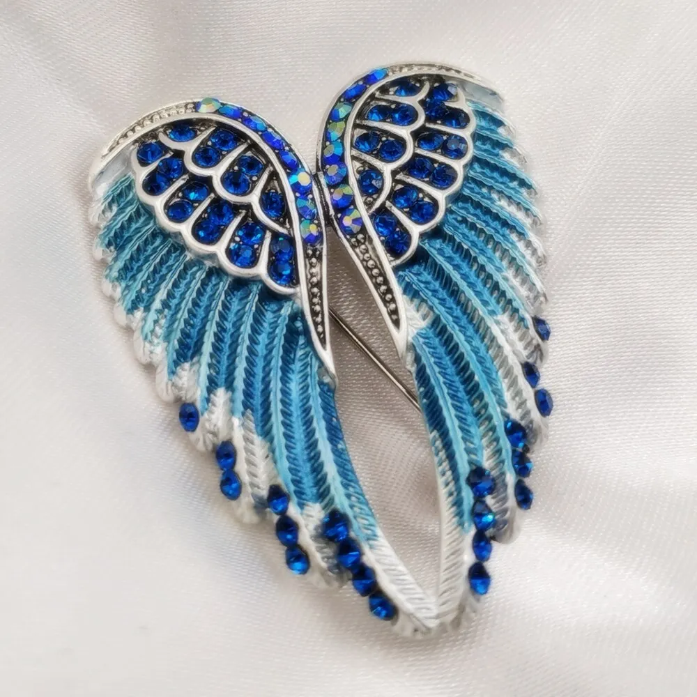 Jewelblings Gothic Vintage AB Crystal Accent Enameled Metallic Blue Angel Wing Brooches Pins Art Nouveau Women Coat Gift Wrap Wing Jewelry