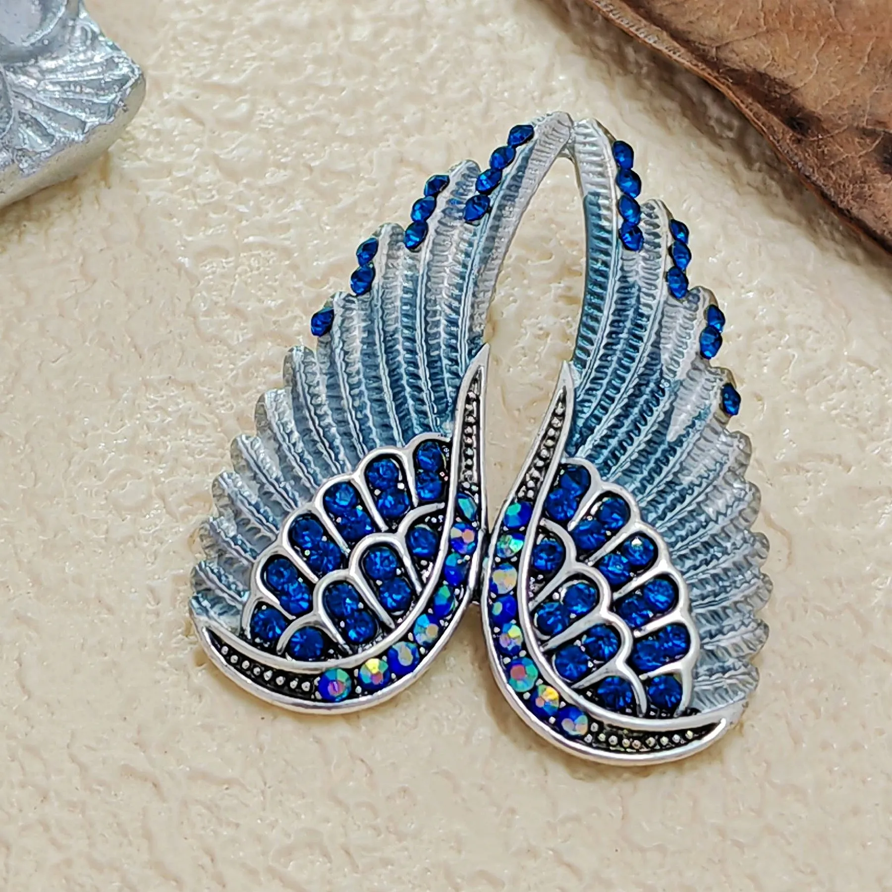 Jewelblings Gothic Vintage AB Crystal Accent Enameled Metallic Blue Angel Wing Brooches Pins Art Nouveau Women Coat Gift Wrap Wing Jewelry