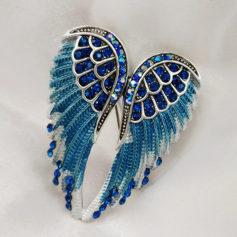 Jewelblings Gothic Vintage AB Crystal Accent Enameled Metallic Blue Angel Wing Brooches Pins Art Nouveau Women Coat Gift Wrap Wing Jewelry