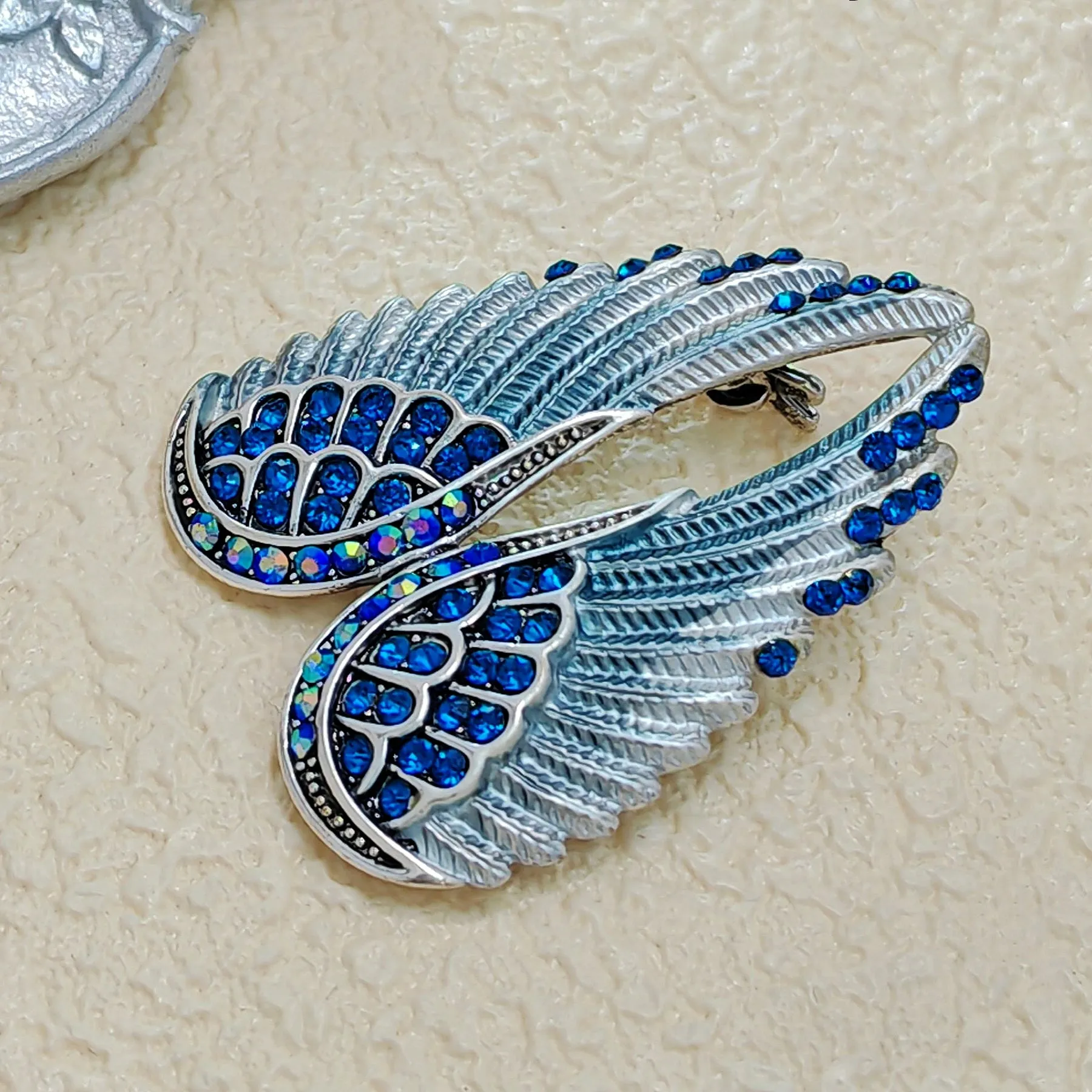 Jewelblings Gothic Vintage AB Crystal Accent Enameled Metallic Blue Angel Wing Brooches Pins Art Nouveau Women Coat Gift Wrap Wing Jewelry