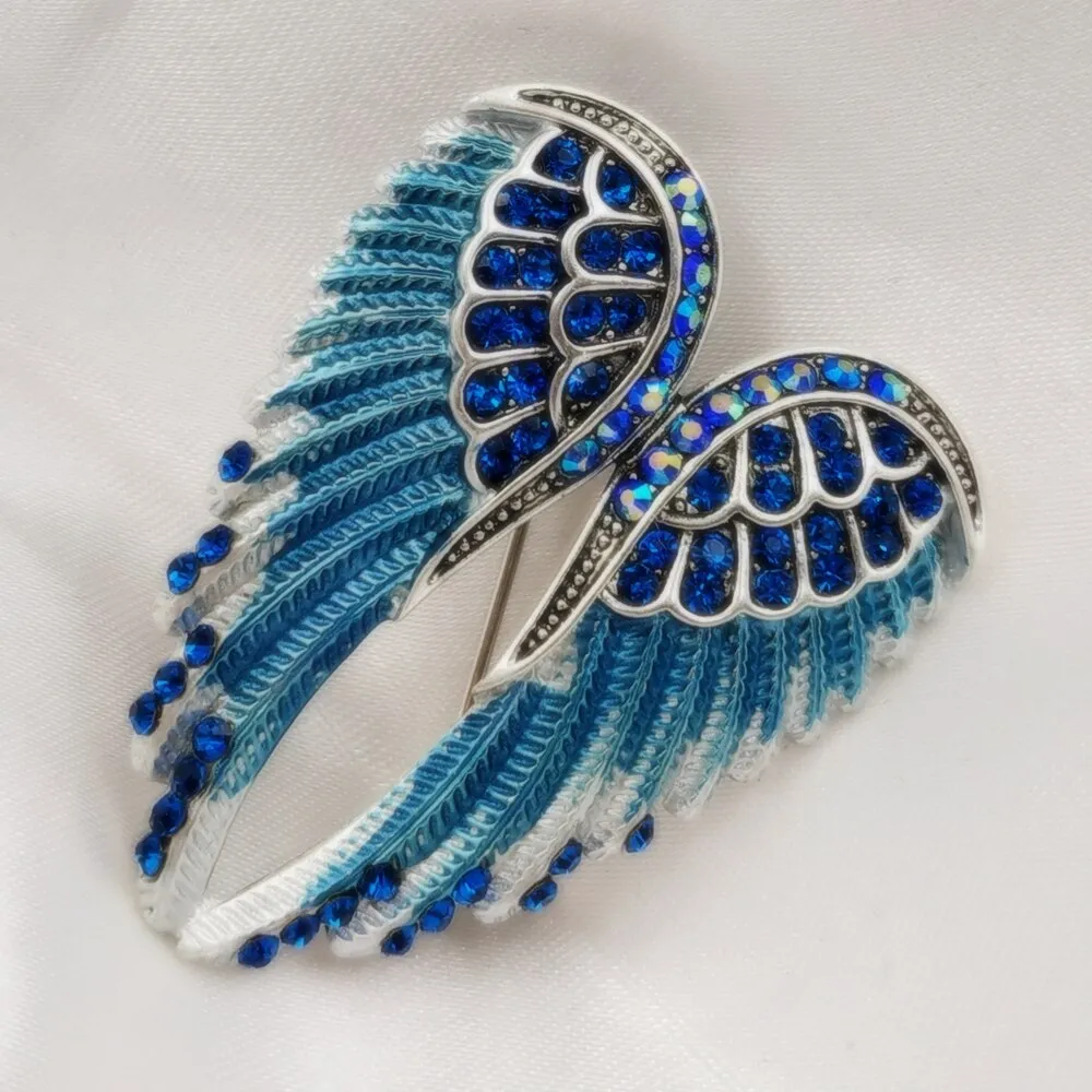 Jewelblings Gothic Vintage AB Crystal Accent Enameled Metallic Blue Angel Wing Brooches Pins Art Nouveau Women Coat Gift Wrap Wing Jewelry