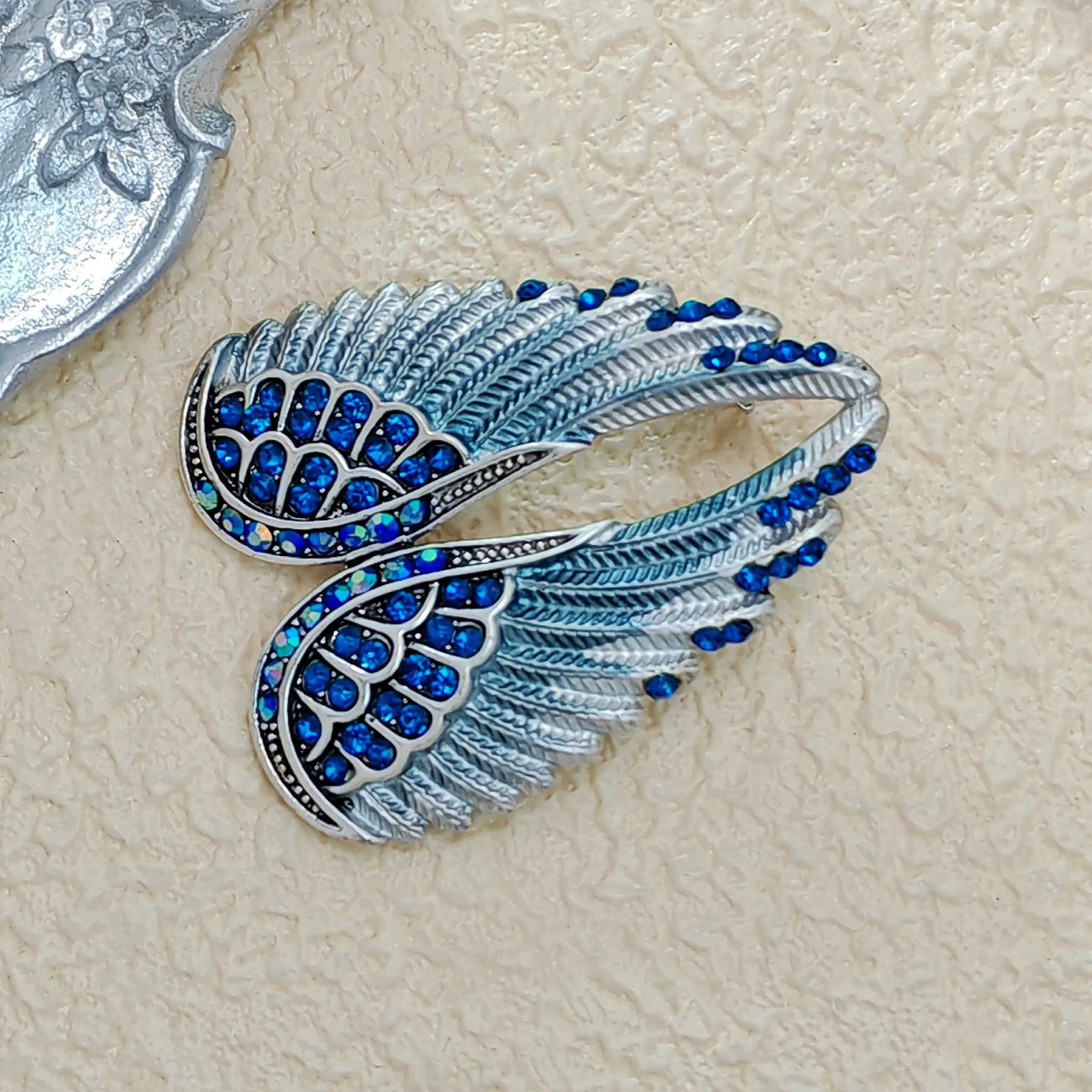 Jewelblings Gothic Vintage AB Crystal Accent Enameled Metallic Blue Angel Wing Brooches Pins Art Nouveau Women Coat Gift Wrap Wing Jewelry