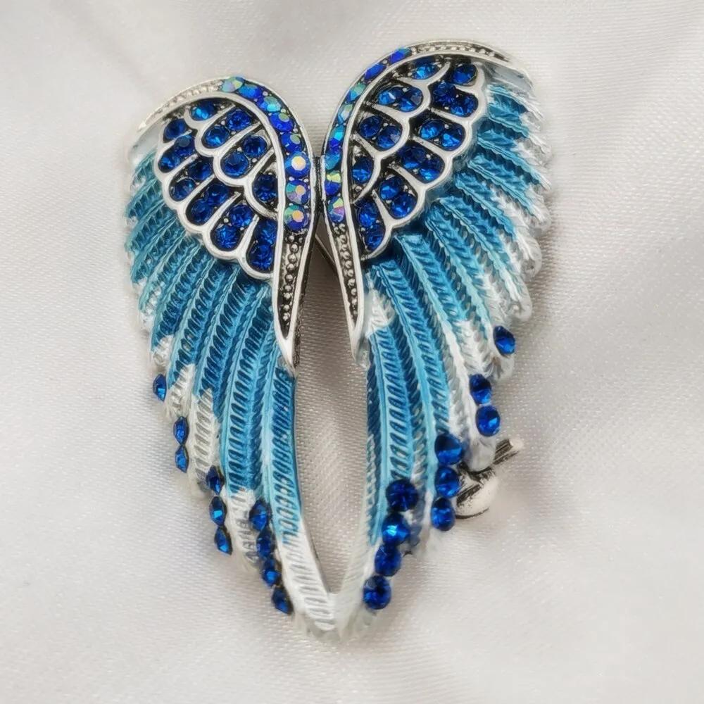 Jewelblings Gothic Vintage AB Crystal Accent Enameled Metallic Blue Angel Wing Brooches Pins Art Nouveau Women Coat Gift Wrap Wing Jewelry