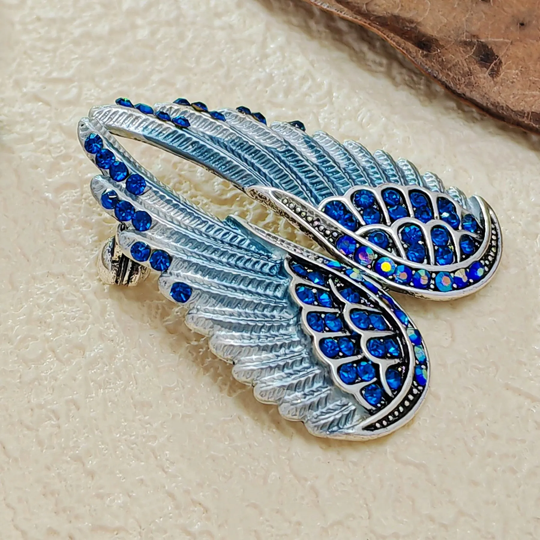 Jewelblings Gothic Vintage AB Crystal Accent Enameled Metallic Blue Angel Wing Brooches Pins Art Nouveau Women Coat Gift Wrap Wing Jewelry