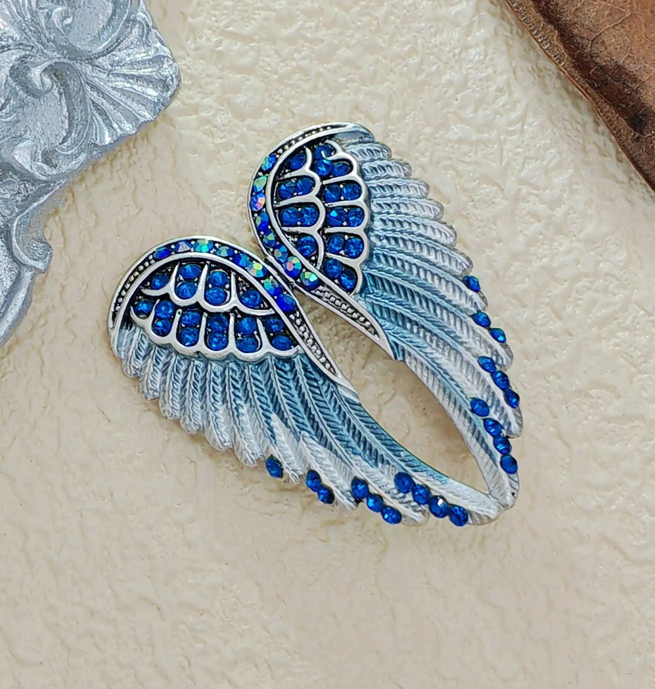 Jewelblings Gothic Vintage AB Crystal Accent Enameled Metallic Blue Angel Wing Brooches Pins Art Nouveau Women Coat Gift Wrap Wing Jewelry