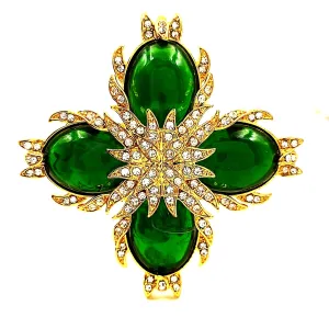 Jewelblings Mid Century Designer Golden Foil Deco Four Petal Green Flower Brooches Pins for Women Grandmother Mum Vintage Costume Jewelry