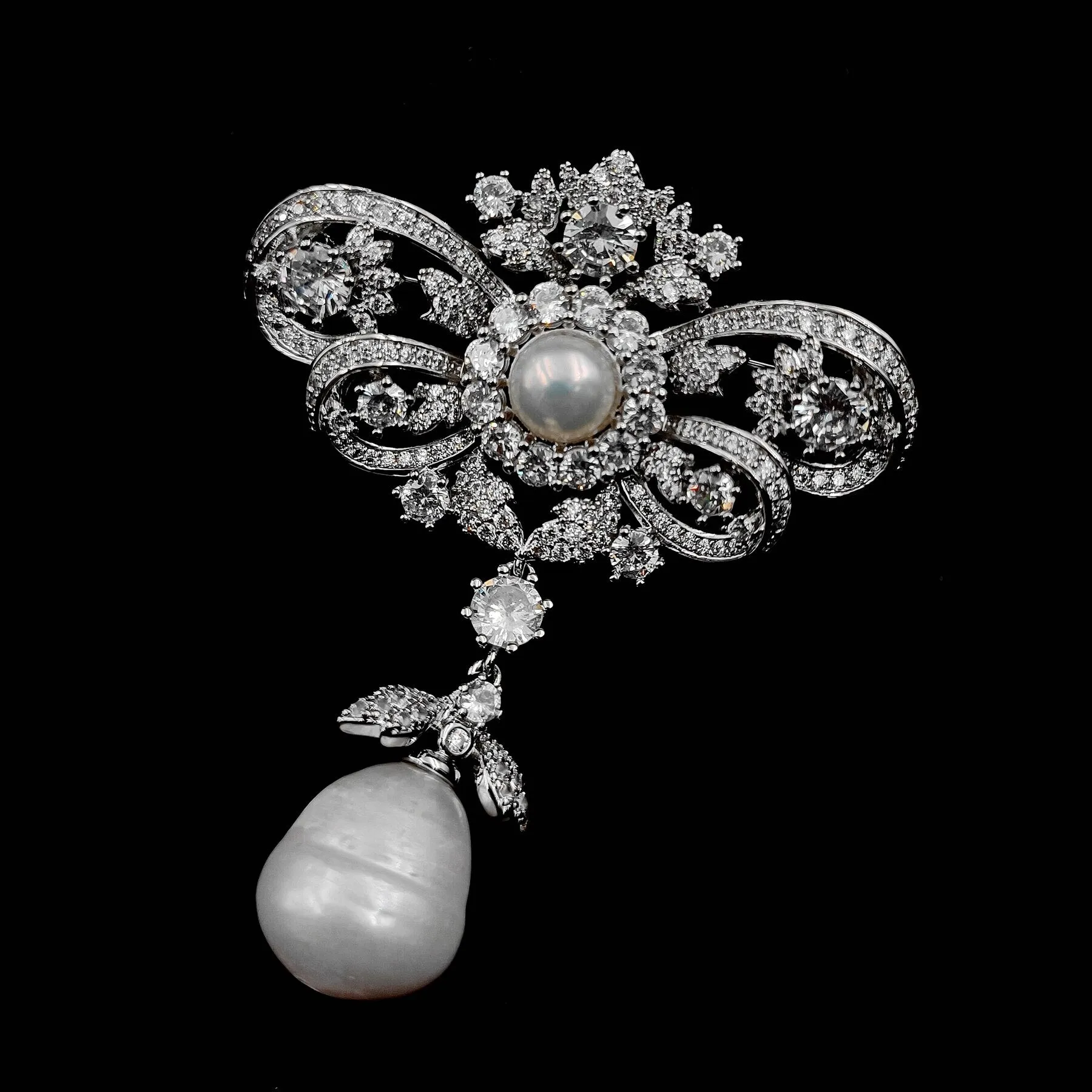 Jewelblings Queen Vintage Silver Tone Double Ribbon Bow & Imitated Baroque Pearl Drop Brooches Pins Edwardian Wedding Bridal Guest Accessory
