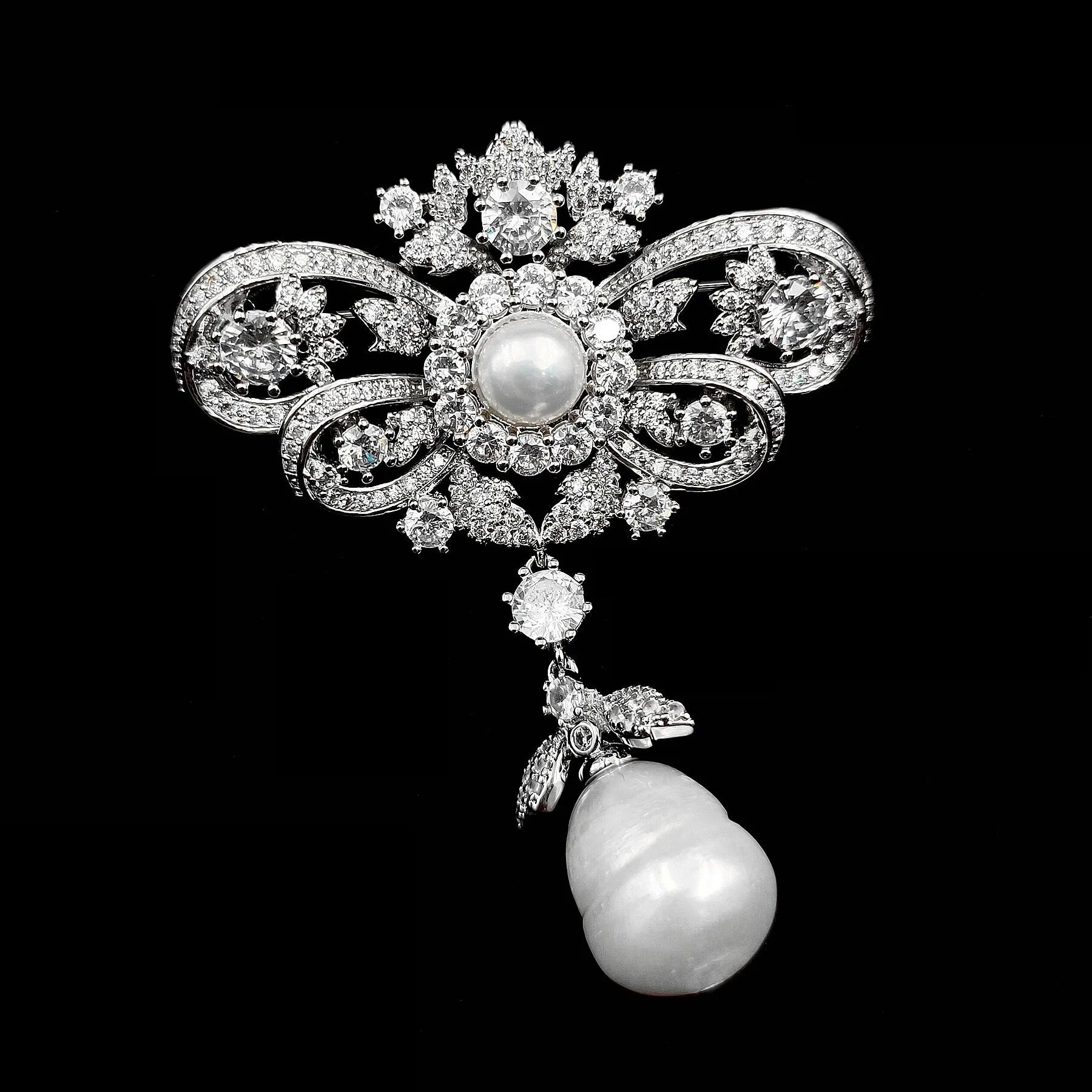 Jewelblings Queen Vintage Silver Tone Double Ribbon Bow & Imitated Baroque Pearl Drop Brooches Pins Edwardian Wedding Bridal Guest Accessory